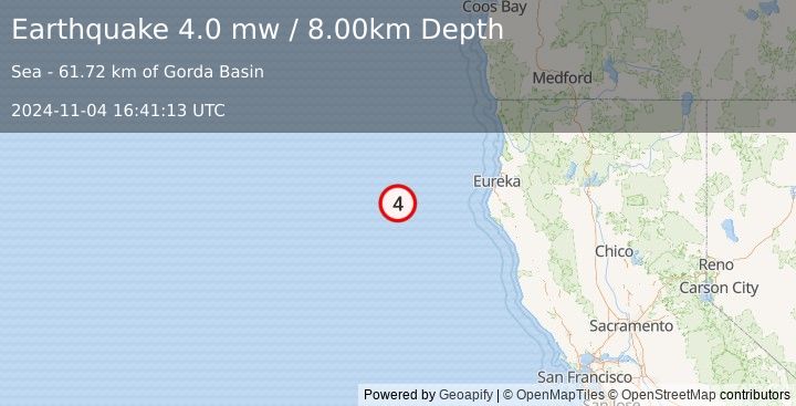 Earthquake 159 km W of Ferndale, California (4.0 mw) (2024-11-04 16:41:13 UTC)