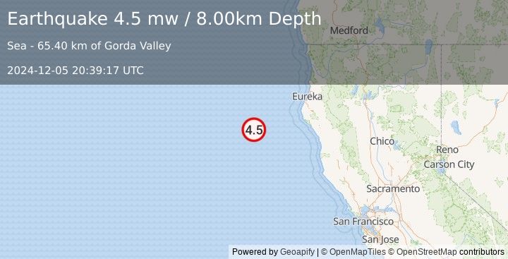 Earthquake 147 km WSW of Ferndale, California (4.5 mw) (2024-12-05 20:39:17 UTC)