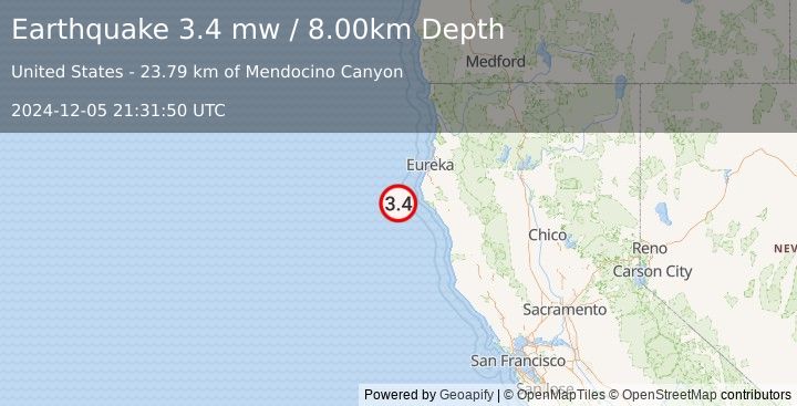 Earthquake 61 km SW of Ferndale, California (3.4 mw) (2024-12-05 21:31:50 UTC)