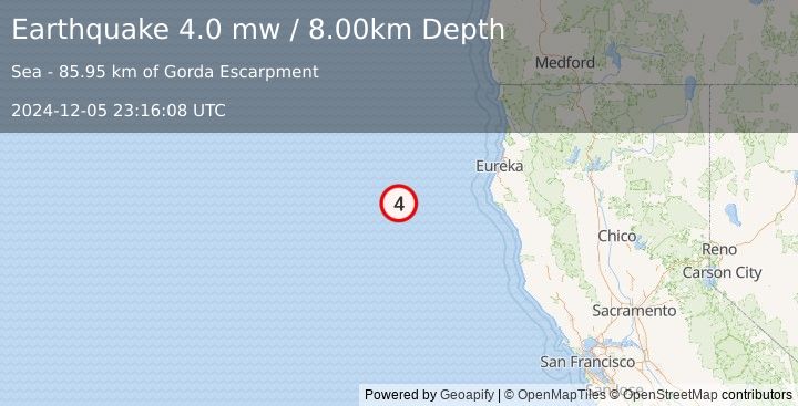 Earthquake 165 km WSW of Ferndale, California (4.0 mw) (2024-12-05 23:16:08 UTC)