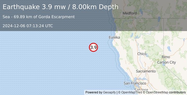 Earthquake 149 km WSW of Ferndale, California (3.9 mw) (2024-12-06 07:13:24 UTC)