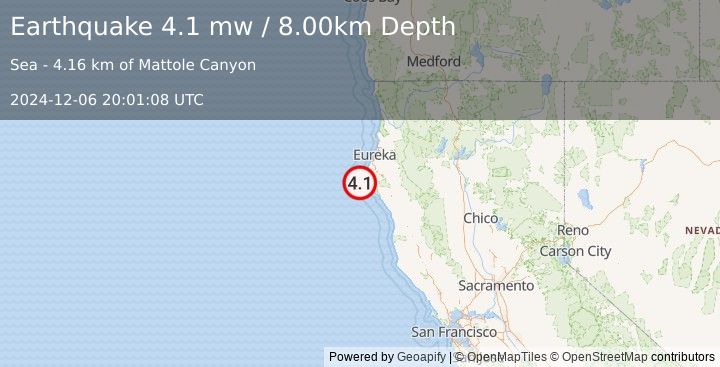 Earthquake 35 km SSW of Ferndale, California (4.1 mw) (2024-12-06 20:01:08 UTC)