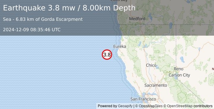 Earthquake 76 km WSW of Ferndale, California (3.8 mw) (2024-12-09 08:35:46 UTC)