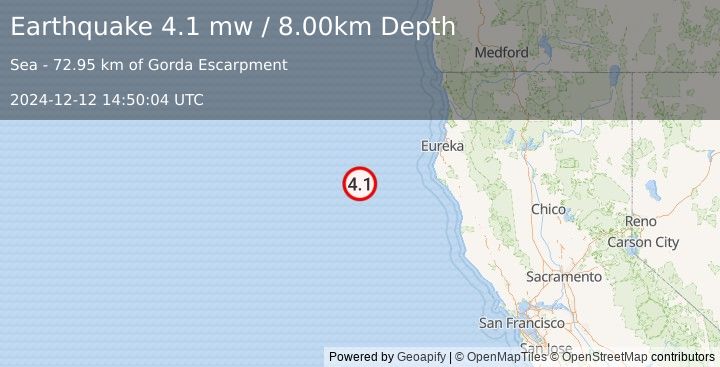 Earthquake 153 km WSW of Ferndale, California (4.1 mw) (2024-12-12 14:50:04 UTC)