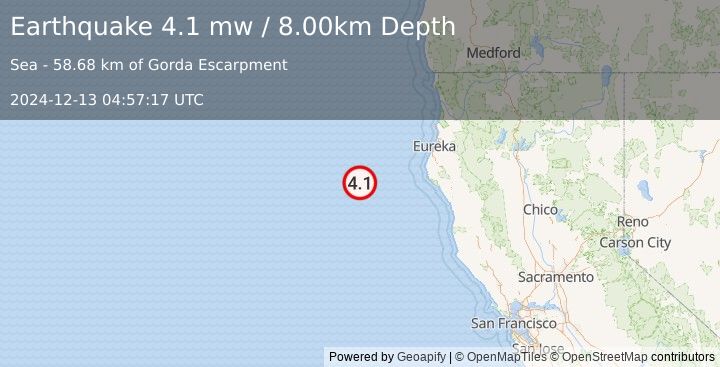 Earthquake 138 km WSW of Ferndale, California (4.1 mw) (2024-12-13 04:57:17 UTC)