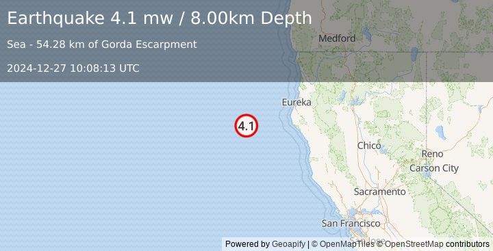 Earthquake 134 km WSW of Ferndale, California (4.1 mw) (2024-12-27 10:08:13 UTC)