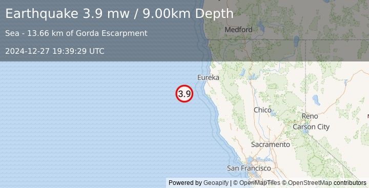 Earthquake 86 km WSW of Ferndale, California (3.9 mw) (2024-12-27 19:39:29 UTC)