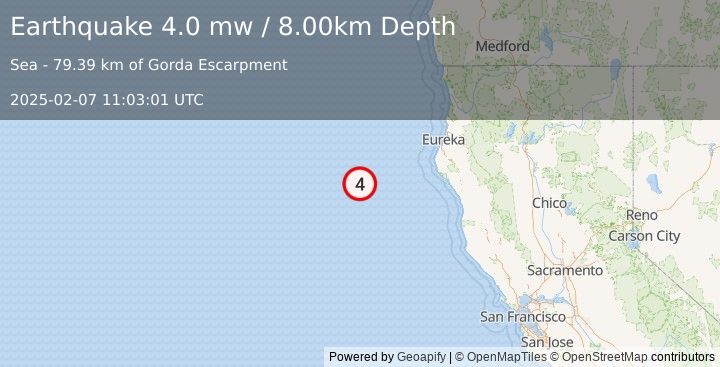 Earthquake 158 km WSW of Ferndale, California (4.0 mw) (2025-02-07 11:03:01 UTC)