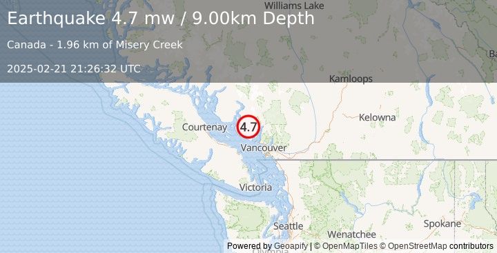 Earthquake 27 km NNE of Sechelt, Canada (4.7 mw) (2025-02-21 21:26:32 UTC)