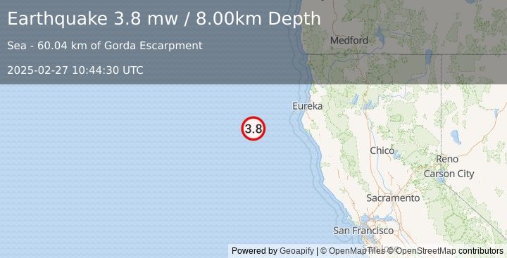 Earthquake 140 km WSW of Ferndale, California (3.8 mw) (2025-02-27 10:44:30 UTC)