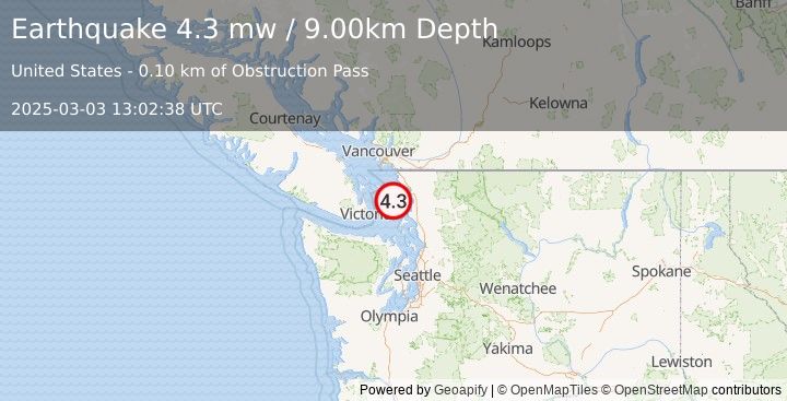 Earthquake 9 km E of Orcas, Washington (4.3 mw) (2025-03-03 13:02:38 UTC)