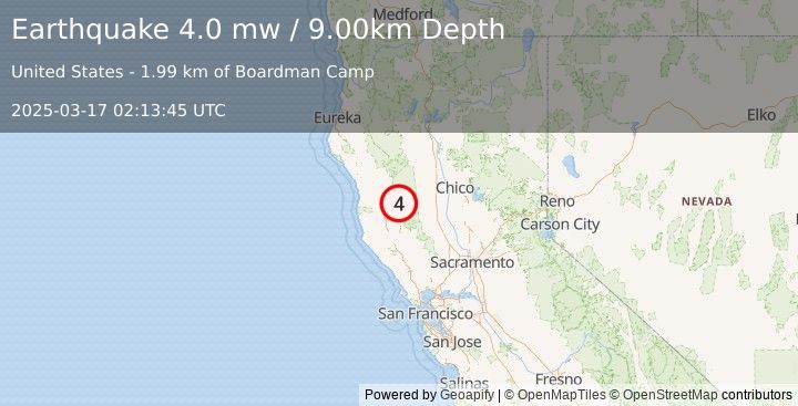 Earthquake 23 km NE of Potter Valley, California (4.0 mw) (2025-03-17 02:13:45 UTC)