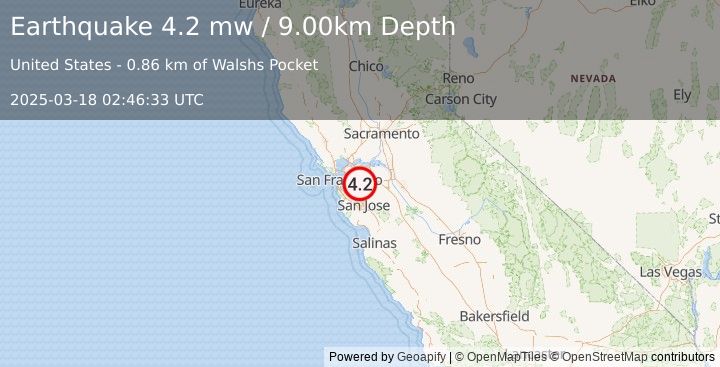 Earthquake 3 km WNW of Dublin, California (4.2 mw) (2025-03-18 02:46:33 UTC)