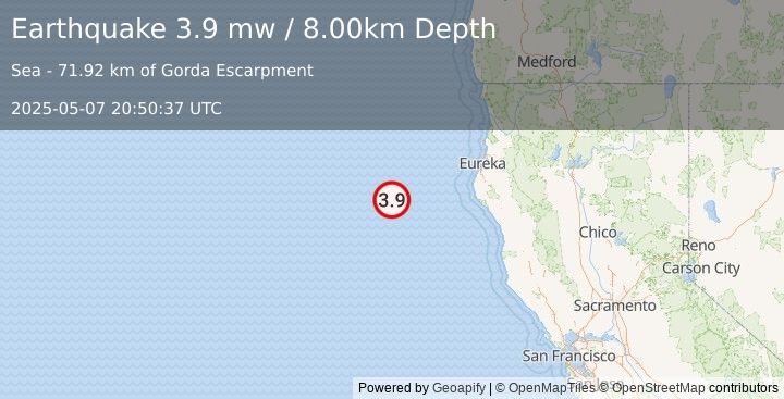 Earthquake 151 km WSW of Ferndale, California (3.9 mw) (2025-05-07 20:50:37 UTC)