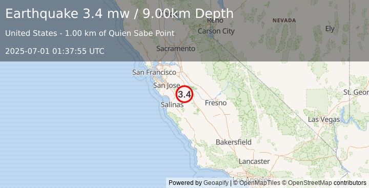 Earthquake 18 km WSW of Volta, California (3.4 mw) (2025-07-01 01:37:55 UTC)