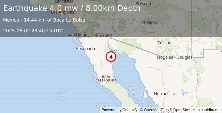 Earthquake 39 km N of San Felipe, Mexico (4.0 mw) (2025-08-02 23:40:15 UTC)