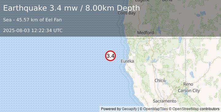 Earthquake 103 km W of Trinidad, California (3.4 mw) (2025-08-03 12:22:34 UTC)