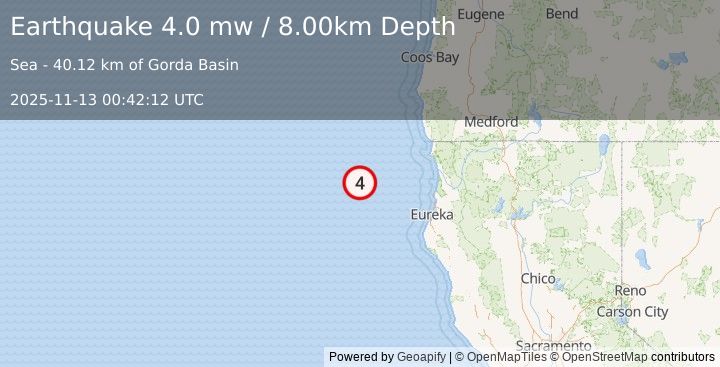 Earthquake 136 km W of Big Lagoon, California (4.0 mw) (2025-11-13 00:42:12 UTC)