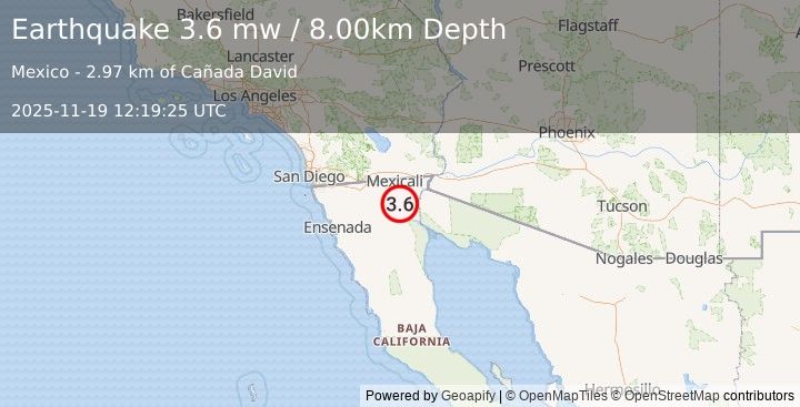 Earthquake 11 km W of Durango, Mexico (3.6 mw) (2025-11-19 12:19:25 UTC)