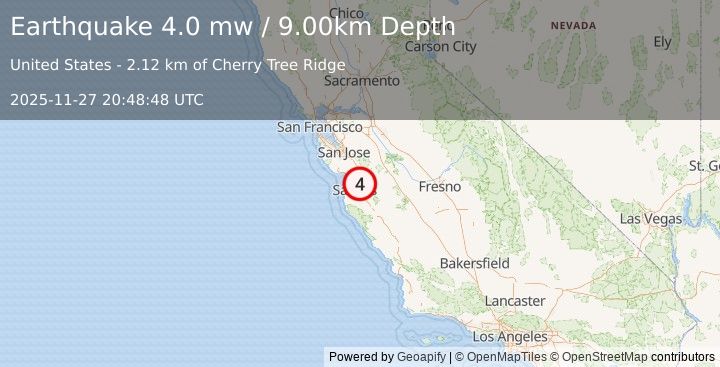 Earthquake 6 km S of San Juan Bautista, California (4.0 mw) (2025-11-27 20:48:48 UTC)