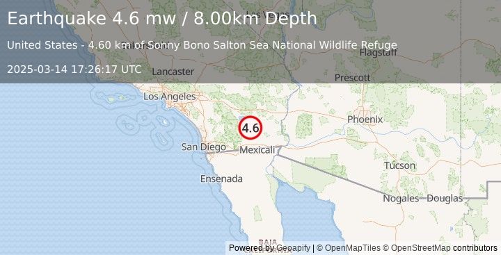 Earthquake 14 km SSE of Bombay Beach, California (4.6 mw) (2025-03-14 17:26:17 UTC)