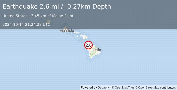 Earthquake 16 km NNW of Puako, Hawaii (2.6 ml) (2024-10-14 21:24:28 UTC)