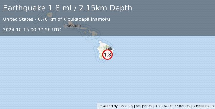 Earthquake 14 km S of Volcano, Hawaii (1.8 ml) (2024-10-15 00:37:56 UTC)