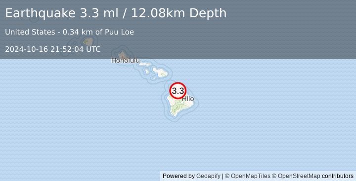 Earthquake 7 km SW of Honoka‘a, Hawaii (3.3 ml) (2024-10-16 21:52:04 UTC)