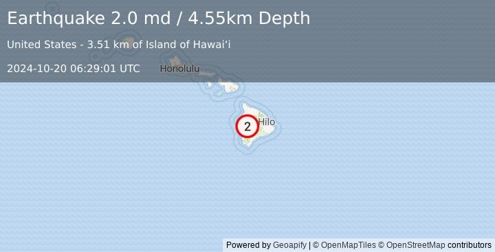 Earthquake 22 km NE of Honaunau-Napoopoo, Hawaii (2.0 md) (2024-10-20 06:29:01 UTC)