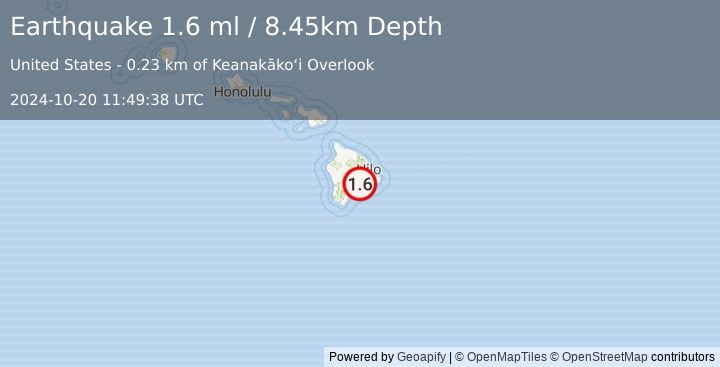 Earthquake 5 km SW of Volcano, Hawaii (1.6 ml) (2024-10-20 11:49:38 UTC)