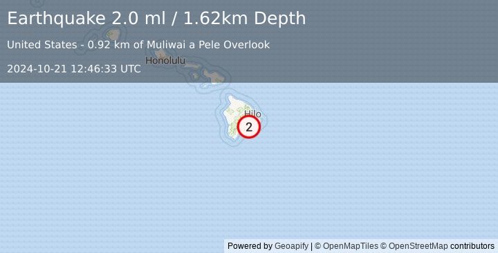 Earthquake 13 km SSE of Volcano, Hawaii (2.0 ml) (2024-10-21 12:46:33 UTC)