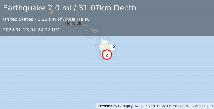 Earthquake 12 km SE of Pāhala, Hawaii (2.0 ml) (2024-10-23 07:24:02 UTC)