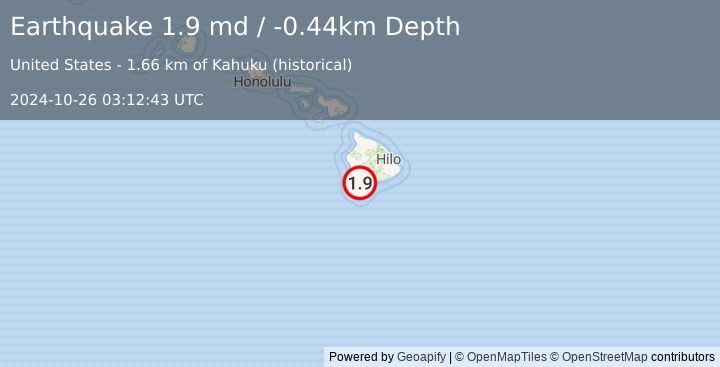 Earthquake 15 km NNE of Hawaiian Ocean View, Hawaii (1.9 md) (2024-10-26 03:12:43 UTC)