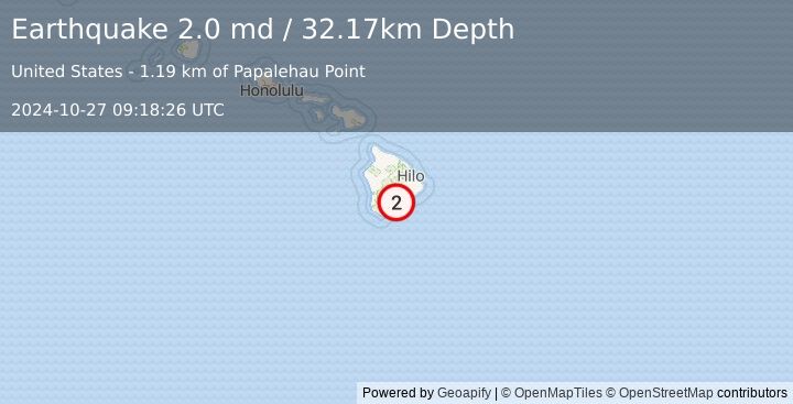 Earthquake 12 km E of Pāhala, Hawaii (2.0 md) (2024-10-27 09:18:26 UTC)