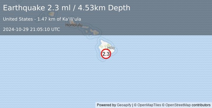 Earthquake 6 km NNE of Pāhala, Hawaii (2.3 ml) (2024-10-29 21:05:10 UTC)