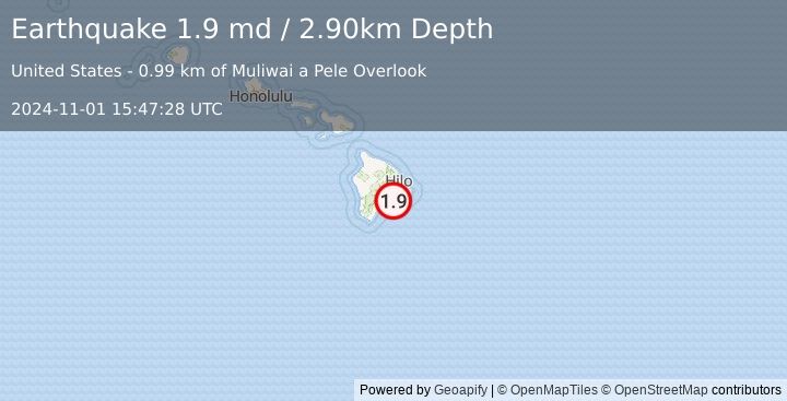 Earthquake 13 km SSE of Volcano, Hawaii (1.9 md) (2024-11-01 15:47:28 UTC)