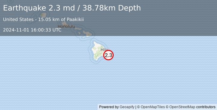 Earthquake 21 km SE of Leilani Estates, Hawaii (2.3 md) (2024-11-01 16:00:33 UTC)