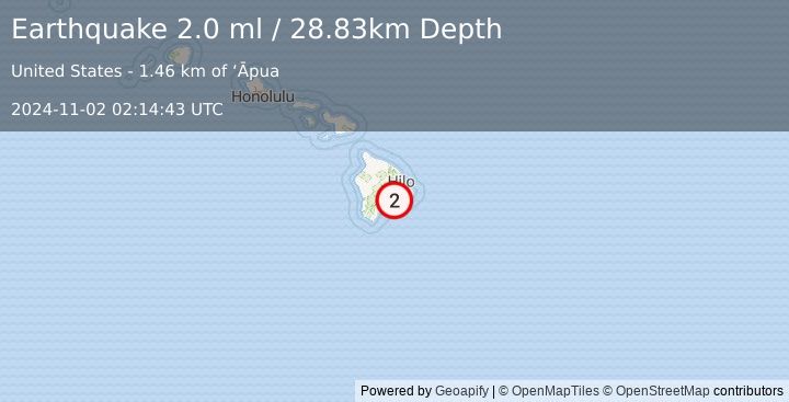 Earthquake 12 km S of Volcano, Hawaii (2.0 ml) (2024-11-02 02:14:43 UTC)