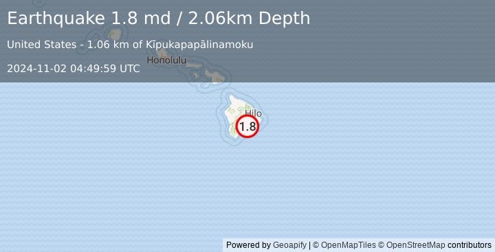 Earthquake 14 km SSW of Volcano, Hawaii (1.8 md) (2024-11-02 04:49:59 UTC)