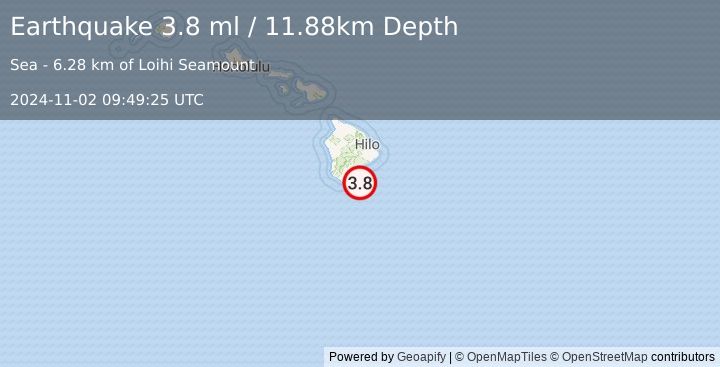 Earthquake 41 km ESE of Naalehu, Hawaii (3.8 ml) (2024-11-02 09:49:25 UTC)