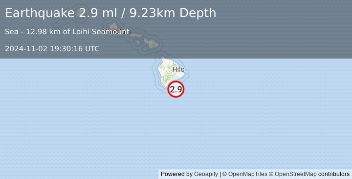 Earthquake 48 km ESE of Naalehu, Hawaii (2.9 ml) (2024-11-02 19:30:16 UTC)