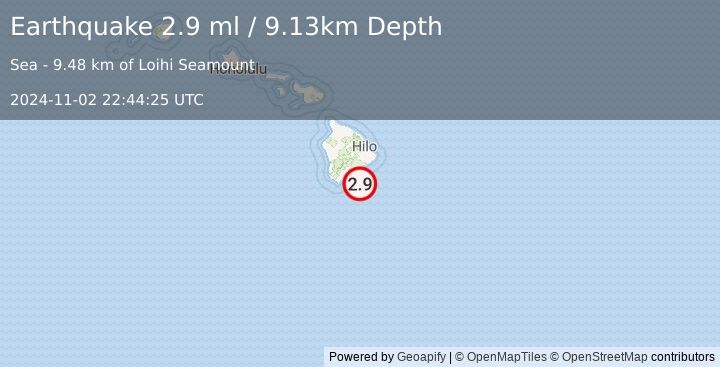 Earthquake 43 km SE of Pāhala, Hawaii (2.9 ml) (2024-11-02 22:44:25 UTC)