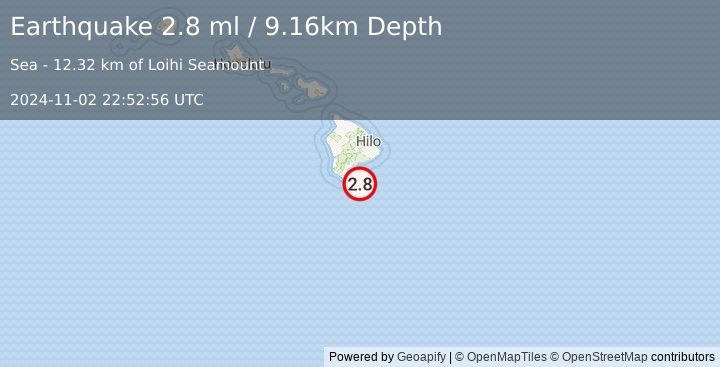 Earthquake 42 km SE of Naalehu, Hawaii (2.8 ml) (2024-11-02 22:52:56 UTC)