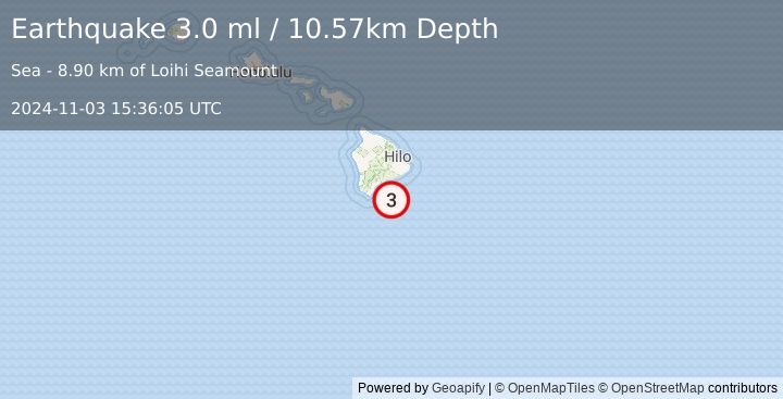 Earthquake 44 km ESE of Naalehu, Hawaii (3.0 ml) (2024-11-03 15:36:05 UTC)