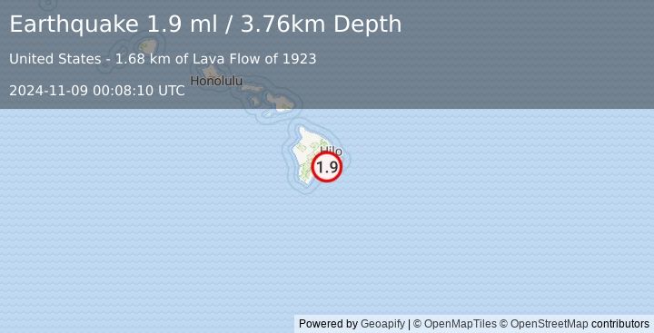 Earthquake 11 km SSE of Volcano, Hawaii (1.9 ml) (2024-11-09 00:08:10 UTC)