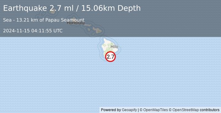 Earthquake 23 km SE of Pāhala, Hawaii (2.7 ml) (2024-11-15 04:11:55 UTC)