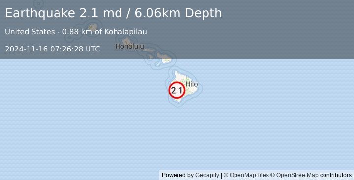 Earthquake 13 km E of Honaunau-Napoopoo, Hawaii (2.1 md) (2024-11-16 07:26:28 UTC)