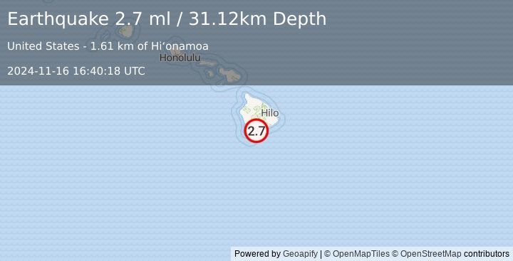 Earthquake 2 km SSW of Pāhala, Hawaii (2.7 ml) (2024-11-16 16:40:18 UTC)