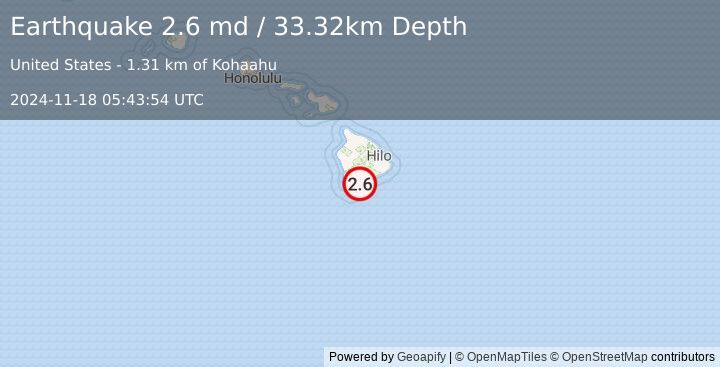 Earthquake 9 km SSW of Pāhala, Hawaii (2.6 md) (2024-11-18 05:43:54 UTC)