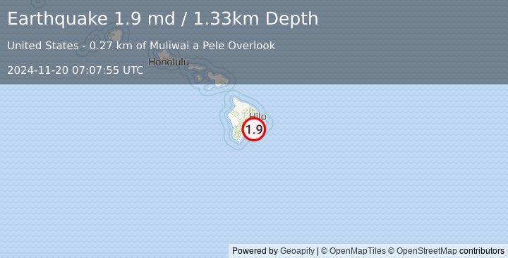 Earthquake 12 km SSE of Volcano, Hawaii (1.9 md) (2024-11-20 07:07:55 UTC)